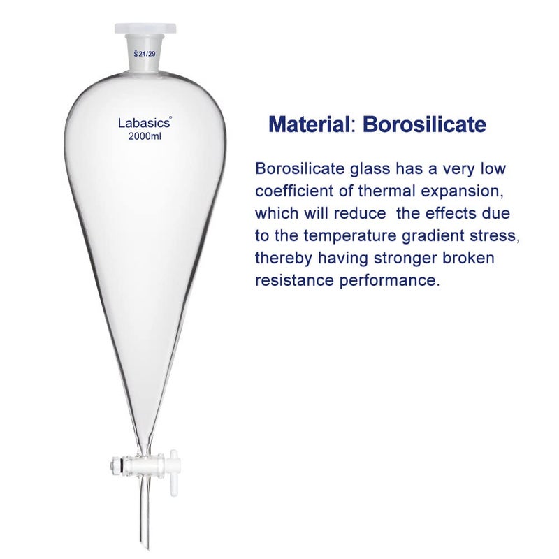 Labasics Conical Separatory Funnel, 2000 ml Heavy Wall Borosilicate Glass Separating Funnel with 24/29 Joints and PTFE Stopcock - Image 4